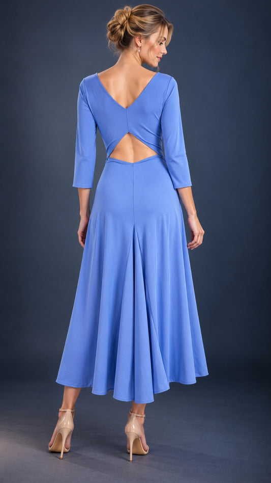 Light blue women’s tango dress with three-quarter sleeves, a high side slit, flowing midi skirt and floral embroidery, designed for Argentine tango dancing.