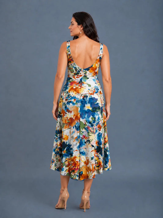 Watercolor Print Tango Dress with Open Back