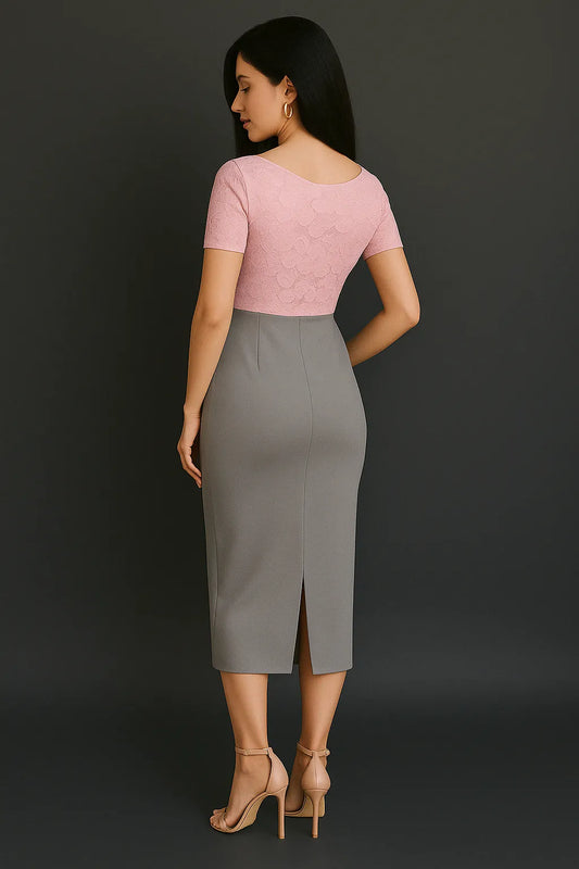 Tango dress with pink lace bodice and gray knit skirt