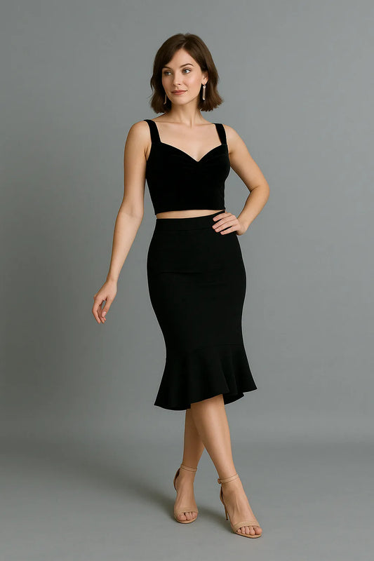 Woman wearing a black sleeveless tango top and black tango skirt on a gray background