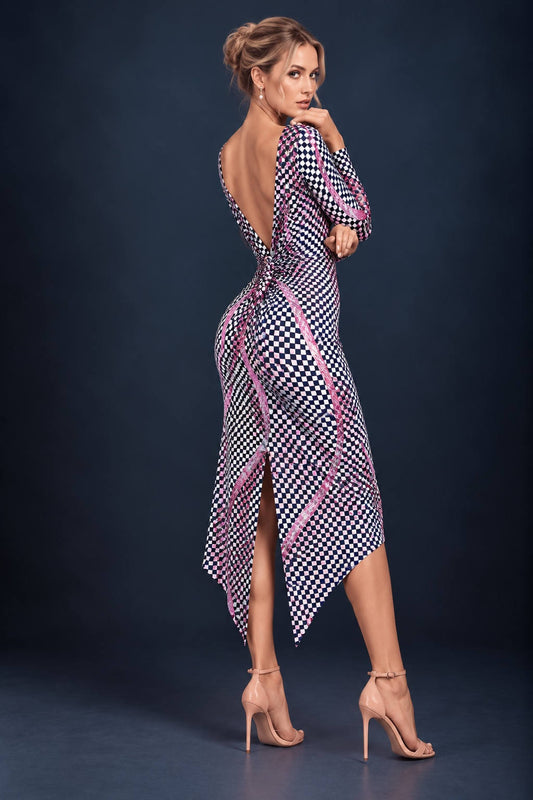 Back view of a women’s tango dress in silky textured stretch jersey with a deep V-shaped open back, decorative knot, asymmetric hem and back slit for freedom of movement.