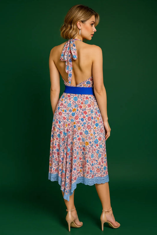 Delicate silky tango dress with contrasting blue waistband