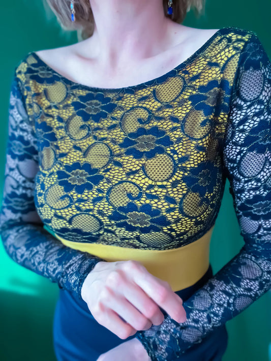Navy lace tango top with golden accents - one of a kind