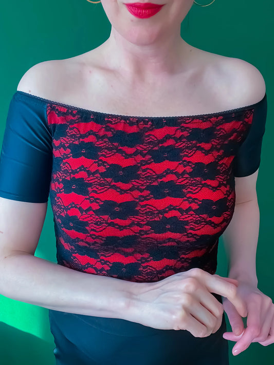 Black lace off-shoulder tango top with red lining – one of a kind