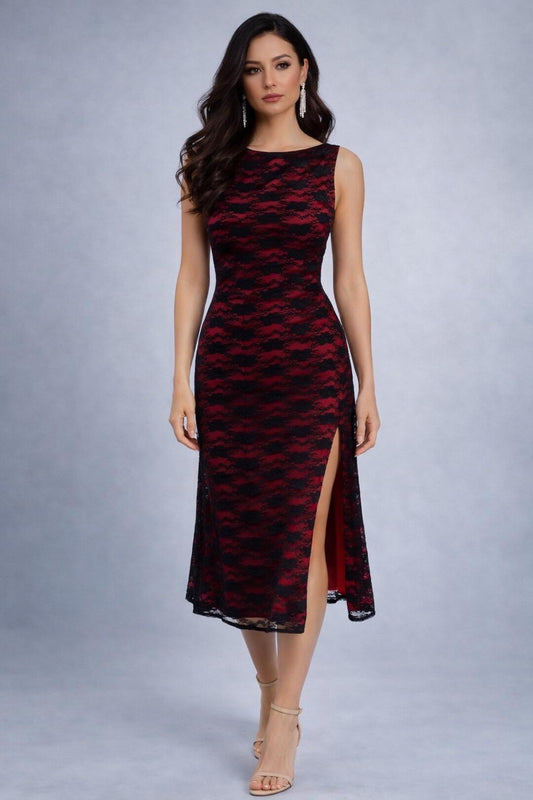 Woman wearing a red and black patterned tango dress, front view