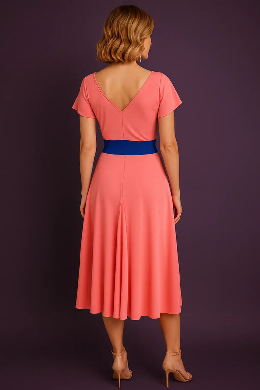 Coral Tango Dress with Flutter Sleeves and Blue Waistband