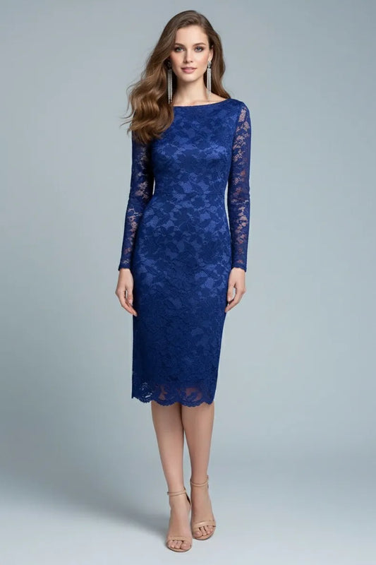 Woman wearing a blue lace tango dress on a gray background, front view
