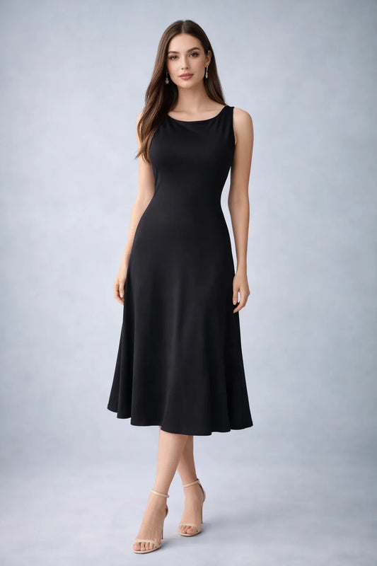 Woman wearing a black sleeveless tango dress