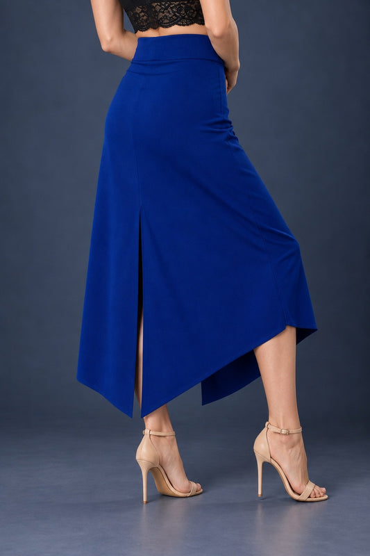 Back view of blue asymmetric jersey tango skirt with wide waistband, back slit and angled hem.