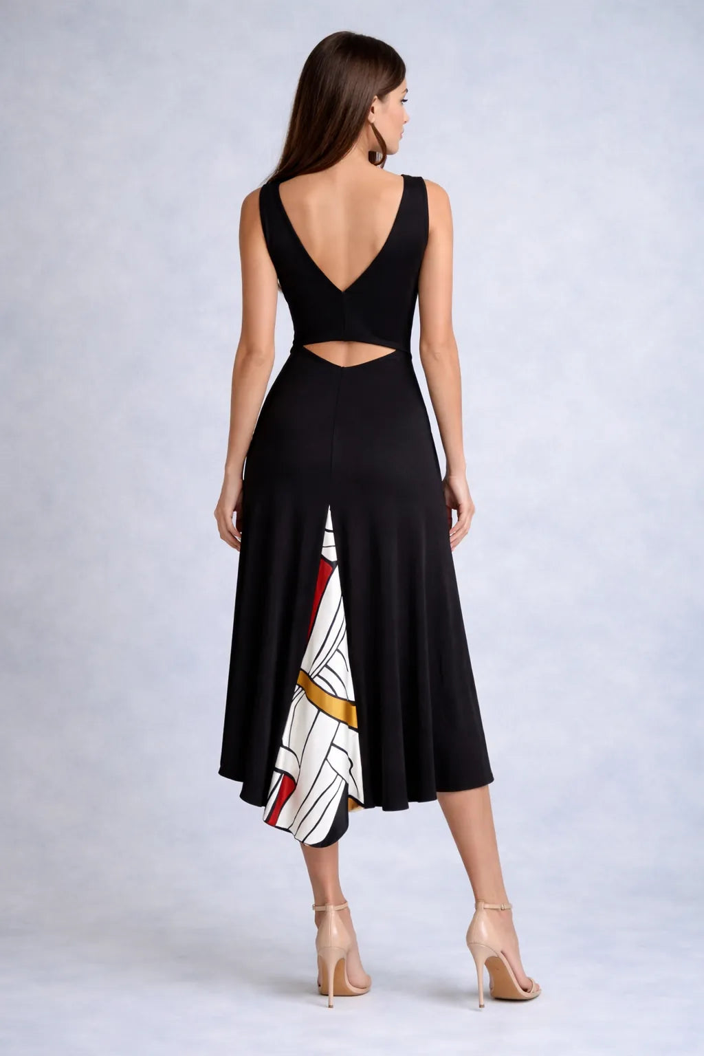 Black Sleeveless Tango Dress with Open Back and Silk Statement Train