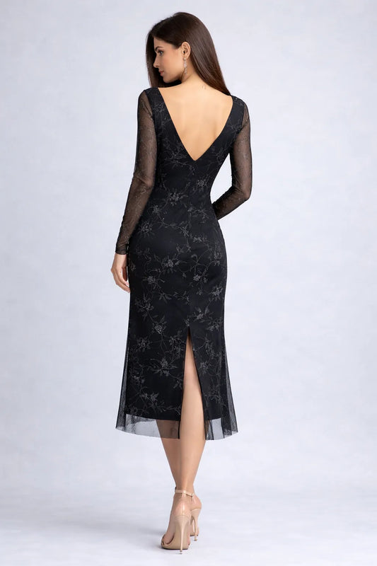 Schwarzes, transparentes Tangokleid aus Mesh mit V-Ausschnitt am Rücken