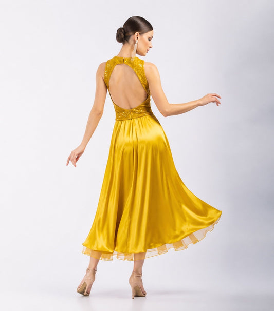 Elegant Golden Tango Dress with a Shimmering Lace Bodice and a Flowing Two-Layer Skirt