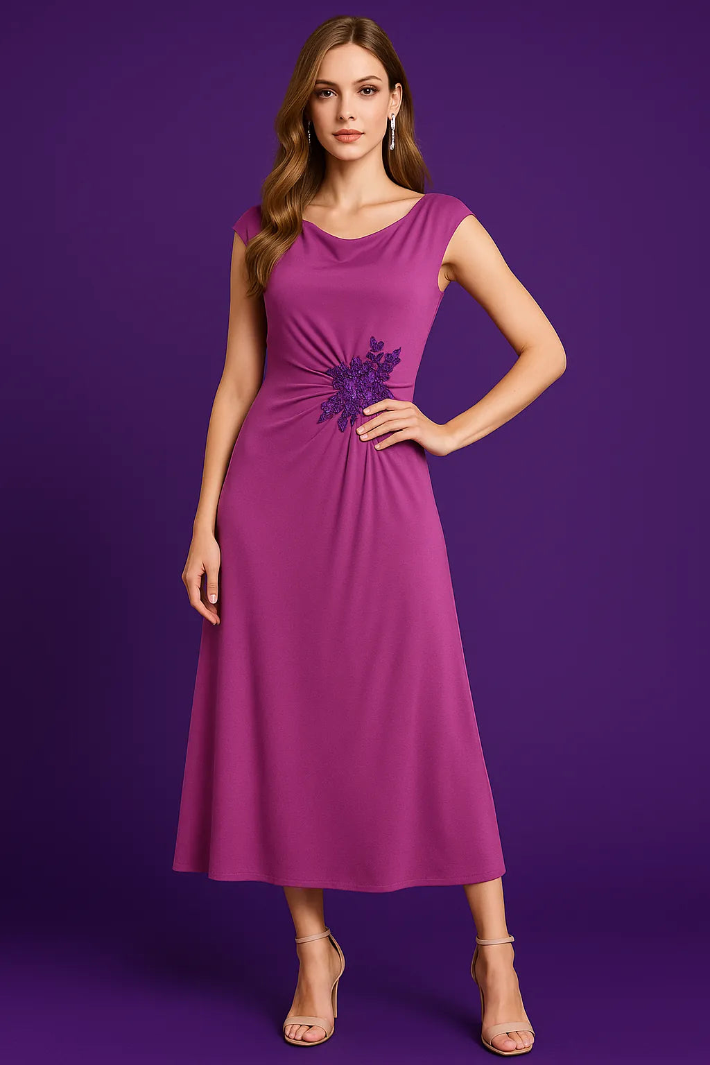 Woman wearing a purple tango dress with floral embellishments against a purple background
