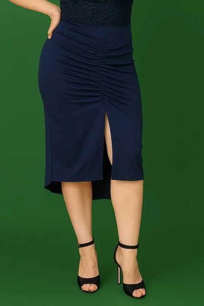 Blue jersey tango skirt with tail and red embroidery
