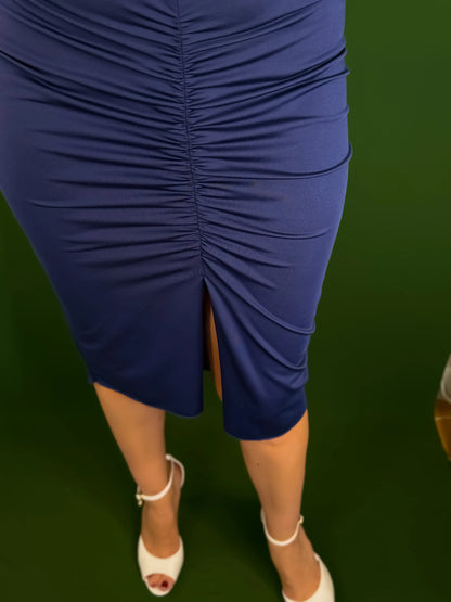 Blue jersey tango skirt with tail and red embroidery