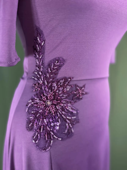 Purple jersey tango dress with sparkling embroidery