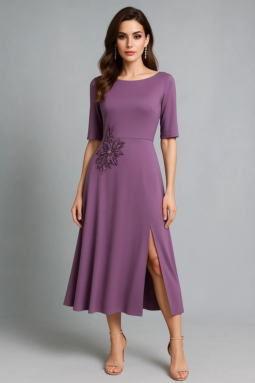 Woman wearing a purple tango dress with a floral embellishment on a gray background