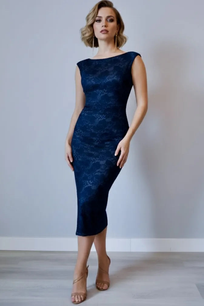 Woman wearing a navy blue tango dress