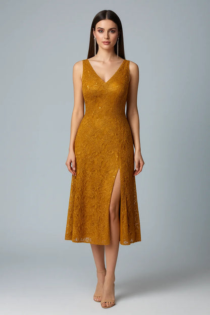 Woman wearing a mustard yellow lace tango dress