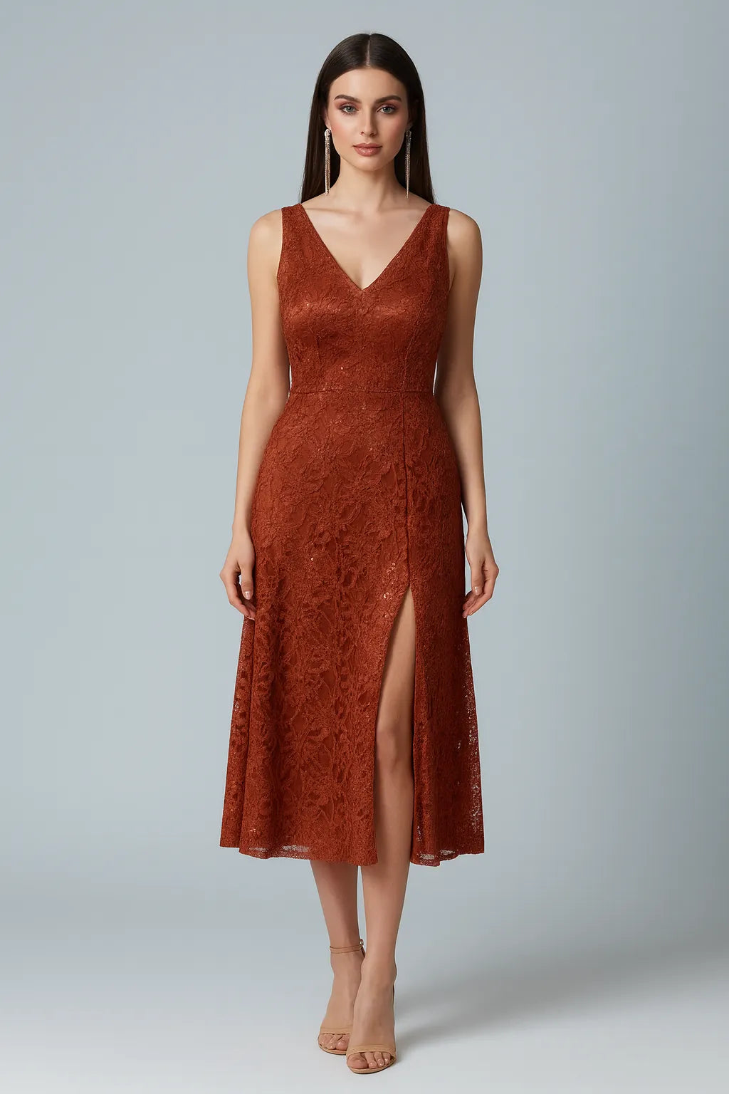 Woman wearing a rust-colored lace tango dress