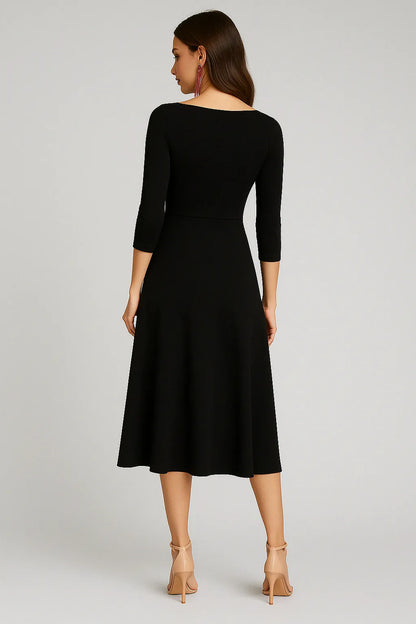 Elegant black silky jersey tango dress with faux wrap neckline