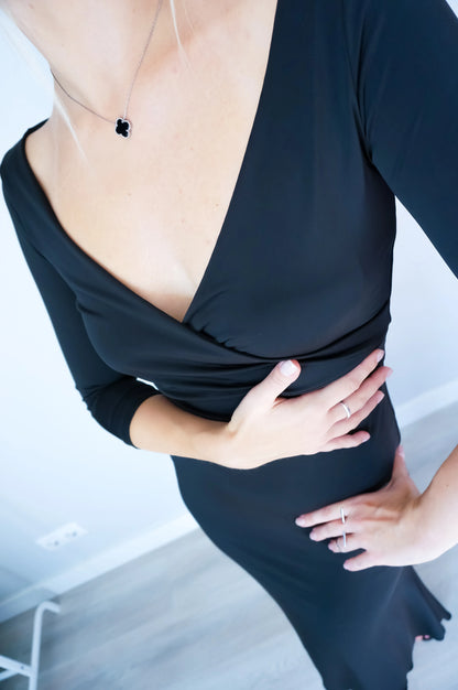 Elegant black silky jersey tango dress with faux wrap neckline
