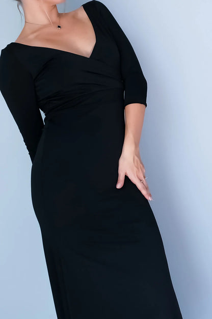 Elegant black silky jersey tango dress with faux wrap neckline