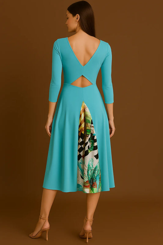 Woman wearing a turquoise tango dress with a unique cutout design on a brown background