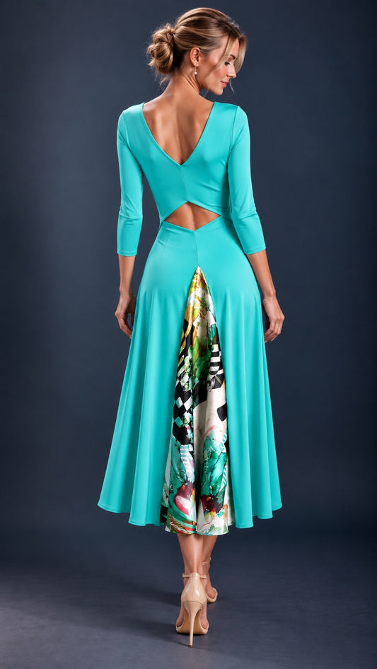 Front view of a turquoise women’s tango dress in silky stretch jersey with three-quarter sleeves, a flowing midi skirt and front leg slit.