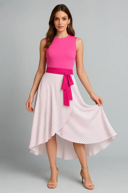 Woman wearing a pink tango top and white polka dot skirt