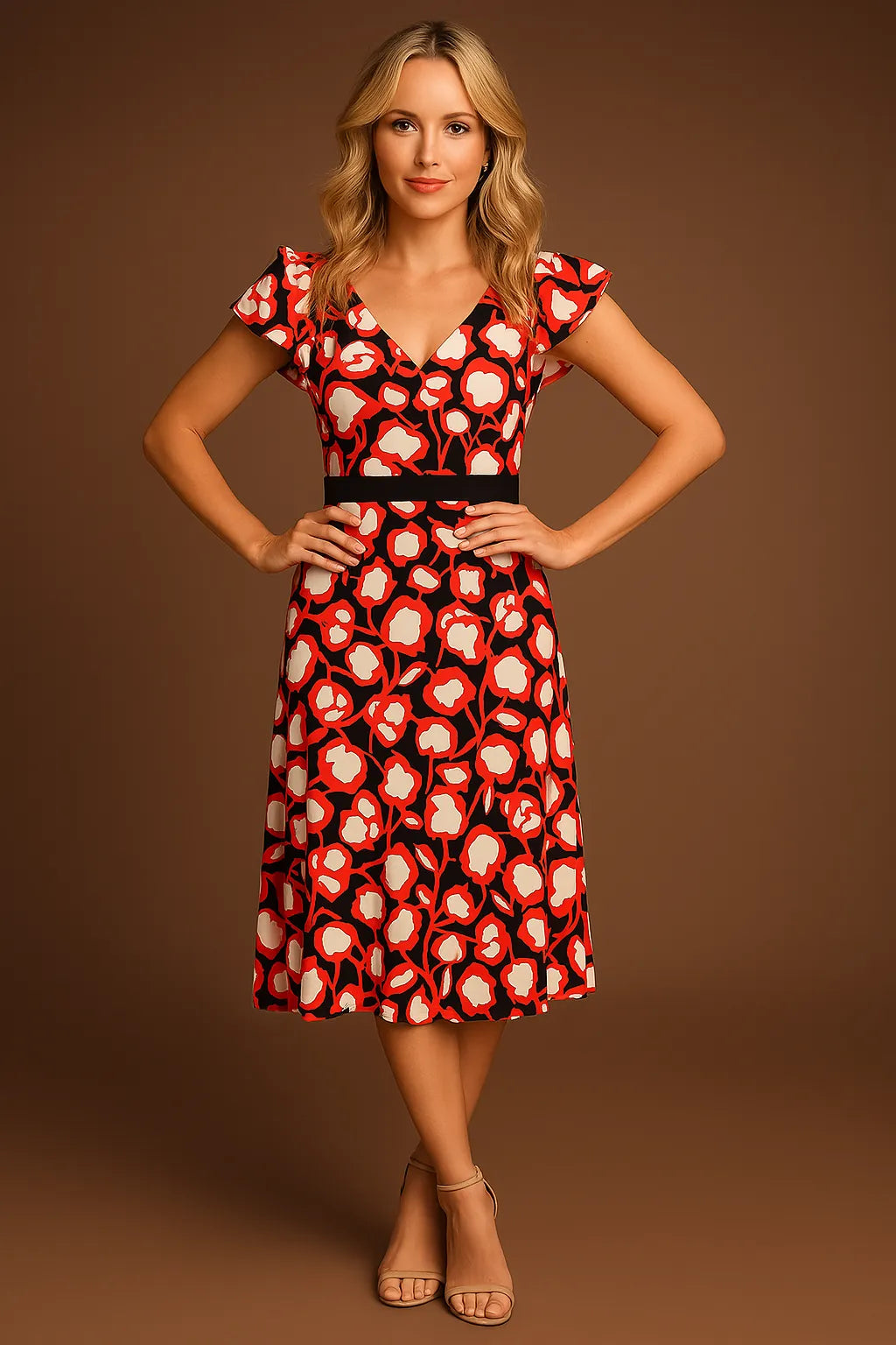 Woman wearing a red and black floral tango dress on a brown background