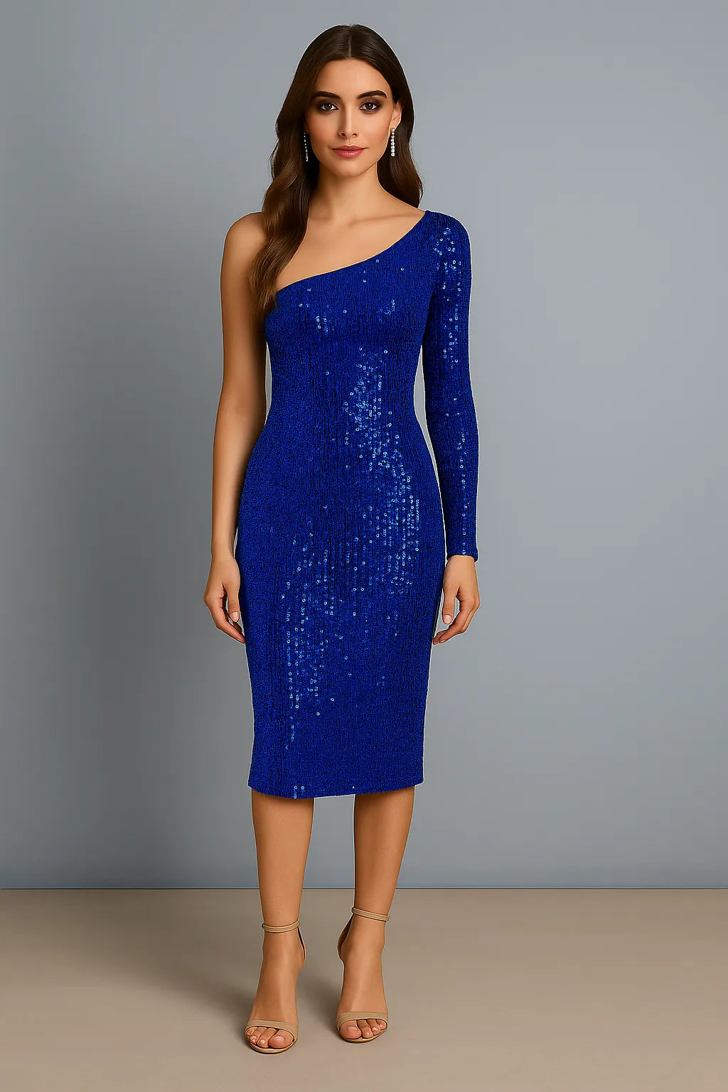 Woman wearing a blue sequin tango dress against a gray background