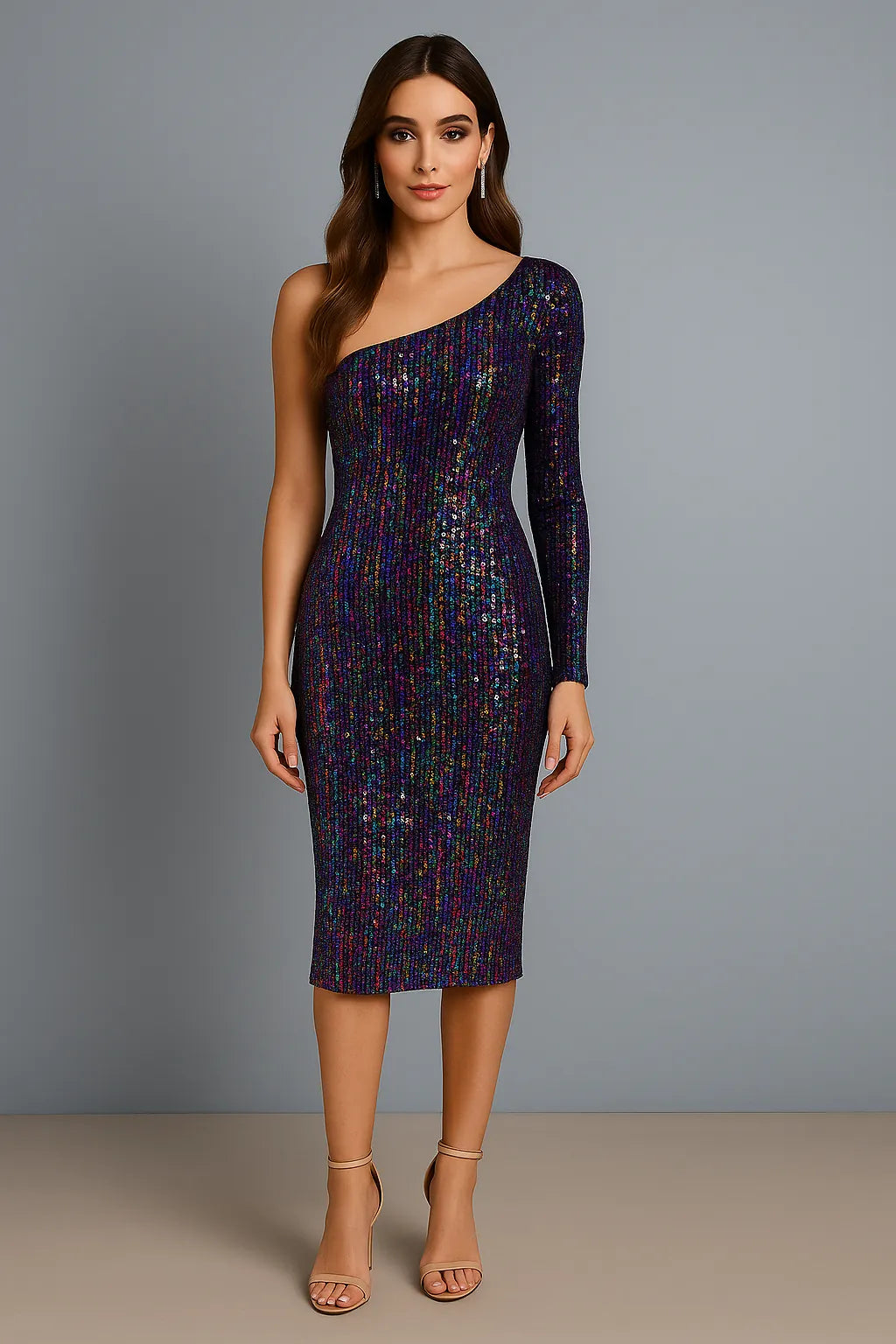 Dazzling sequin mesh tango dress with side slit