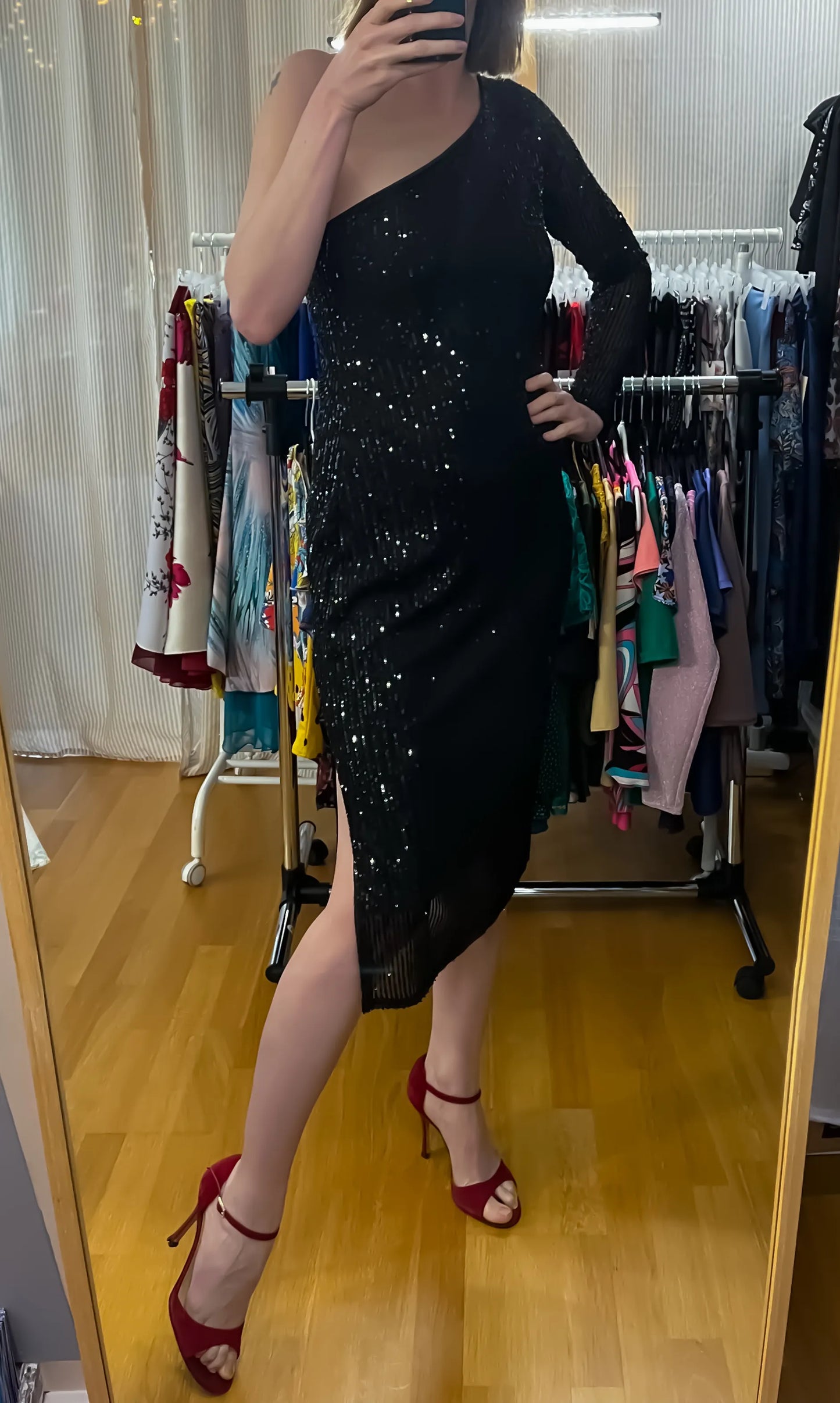 Dazzling sequin mesh tango dress with side slit