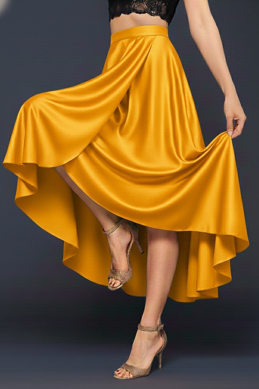 Yellow wrap tango skirt being twirled, side view