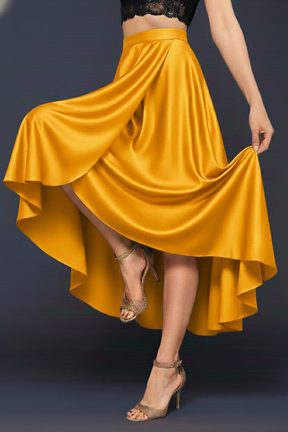 Yellow wrap tango skirt being twirled, side view