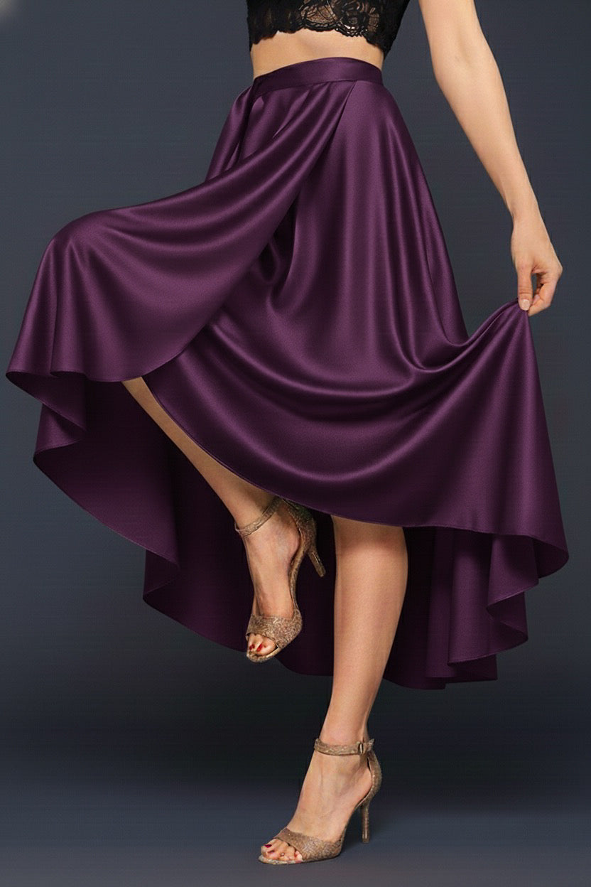 Wrap purple tango skirt being twirled, side view