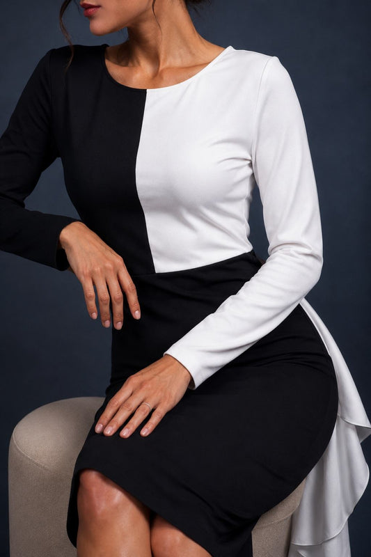 A woman wearing a long-sleeve colorblock pencil dress with a black and white split design, posed against a dark textured studio background.