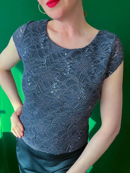 Shimmering lace tango top with open back