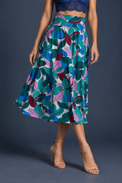 Women’s A-line tango skirt in silky jersey with a multicolor floral print, wide waistband, and flowing midi silhouette.