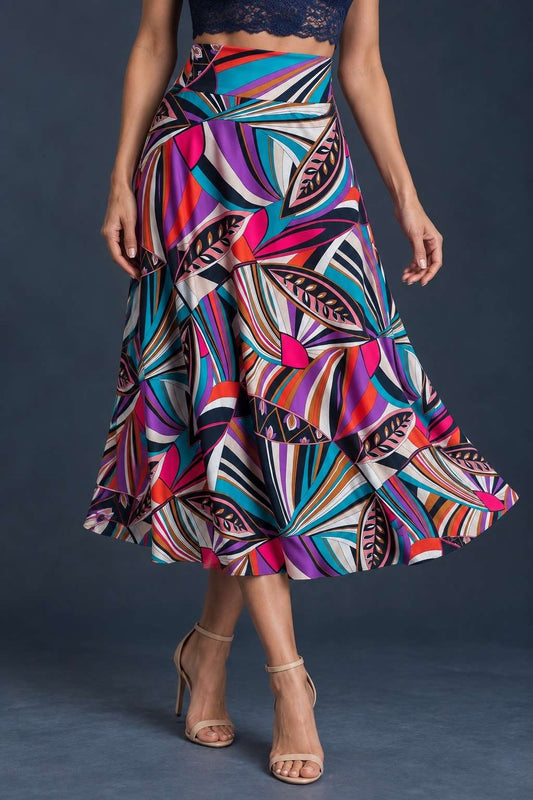 Women’s A-line tango skirt in silky jersey with a vibrant multicolor abstract print, wide waistband, and flowing midi silhouette.