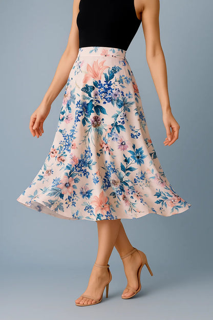Woman wearing a floral tango skirt with a plain background