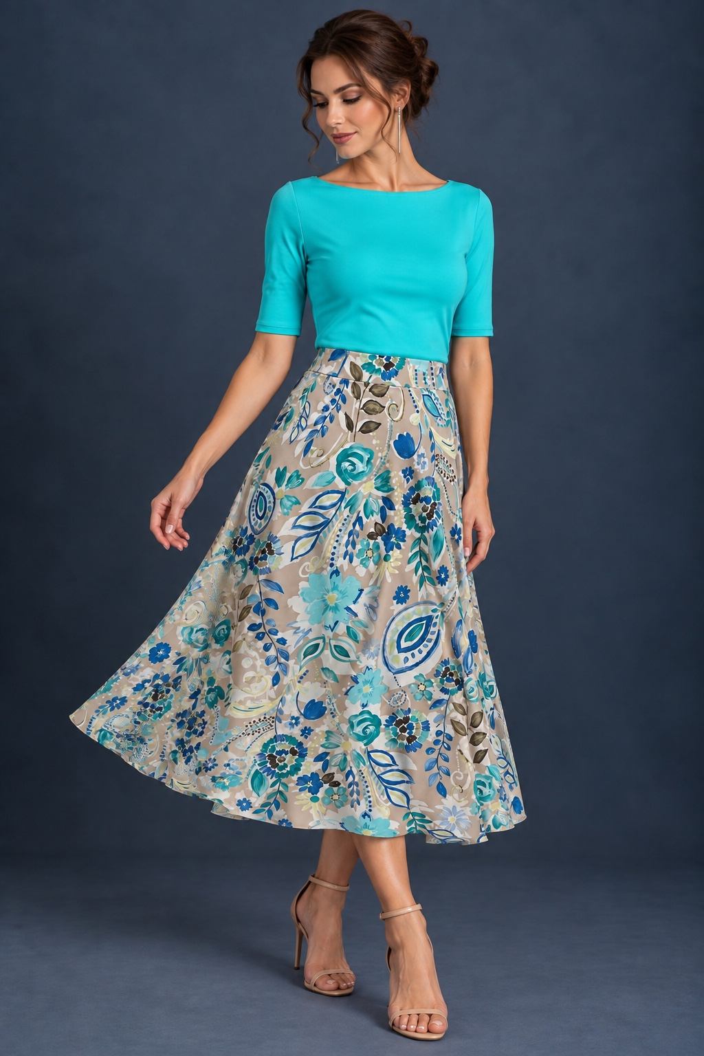 Women’s A-line tango skirt in silky jersey with a vibrant multicolor abstract print, wide waistband, and flowing midi silhouette.