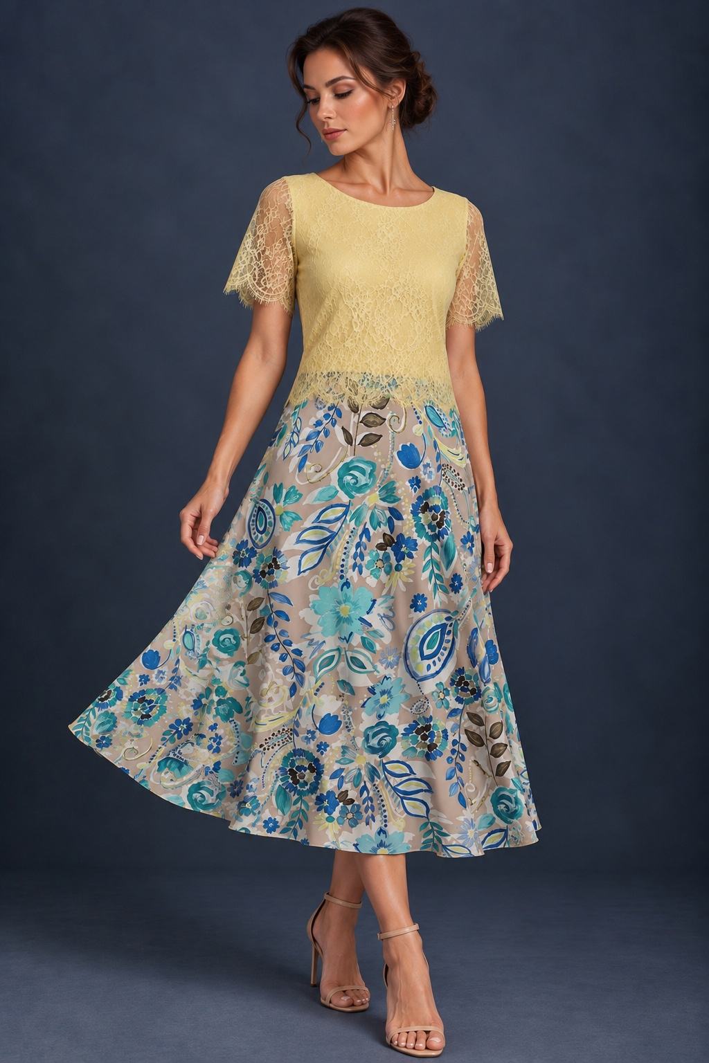 Women’s A-line tango skirt in silky jersey with a vibrant multicolor abstract print, wide waistband, and flowing midi silhouette.