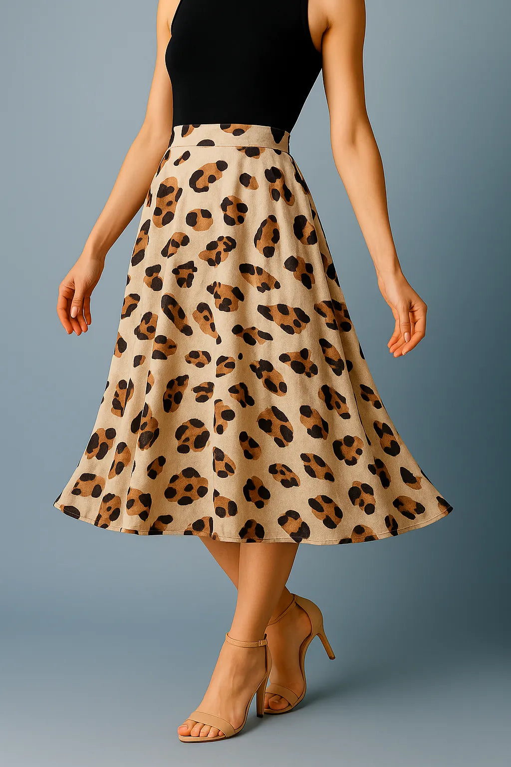 Woman wearing a leopard print tango skirt on a gray background