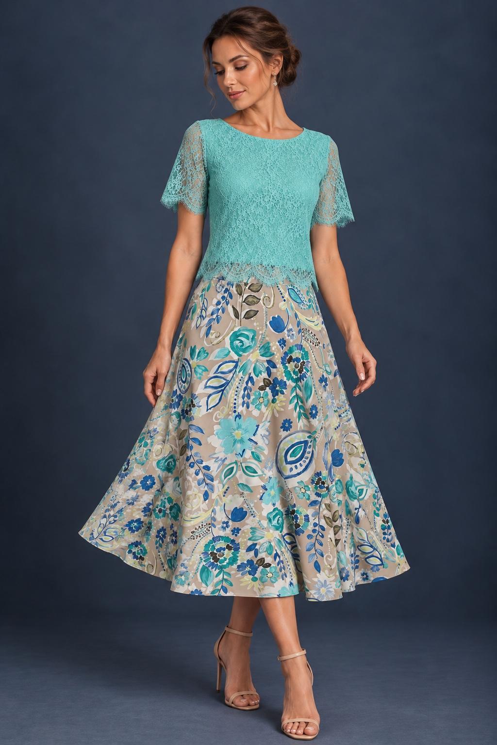 Women’s A-line tango skirt in silky jersey with a vibrant multicolor abstract print, wide waistband, and flowing midi silhouette.