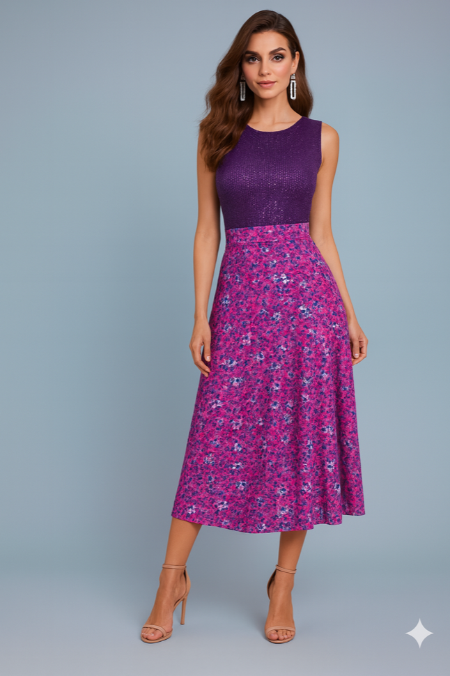 Woman wearing a purple sleeveless tango top and floral tango skirt on a gray background
