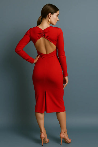 Red tango dress with cut-out back on a gray background