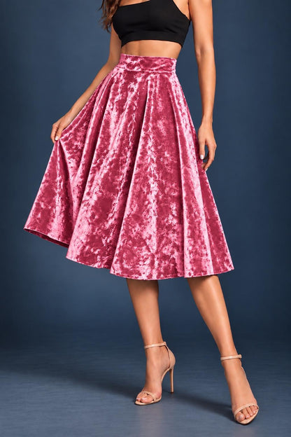 Women’s crushed velvet tango skirt with a full A-line silhouette, wide waistband and midi length, designed for movement and made in France.