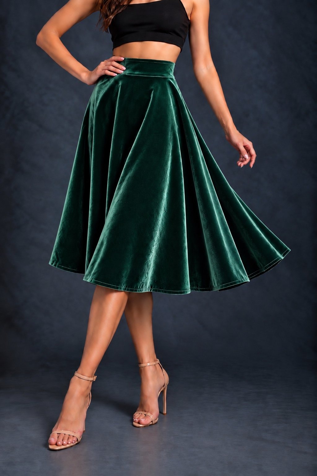 Women’s smooth velvet tango skirt with a full A-line silhouette, wide waistband and midi length, designed for fluid movement and made in France.